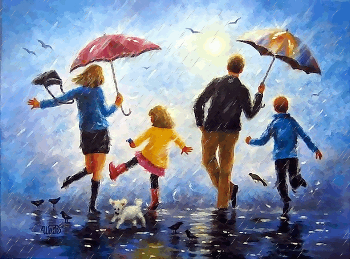 Семья под дождем. Картины с детьми. Картина счастливая семья. Дети под зонтиком.