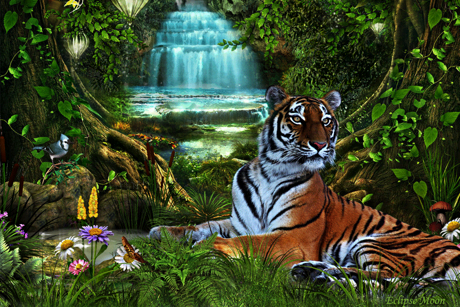 Тигр в джунглях. Тигр на заставку. Анимированный тигр. Тигр у водопада.