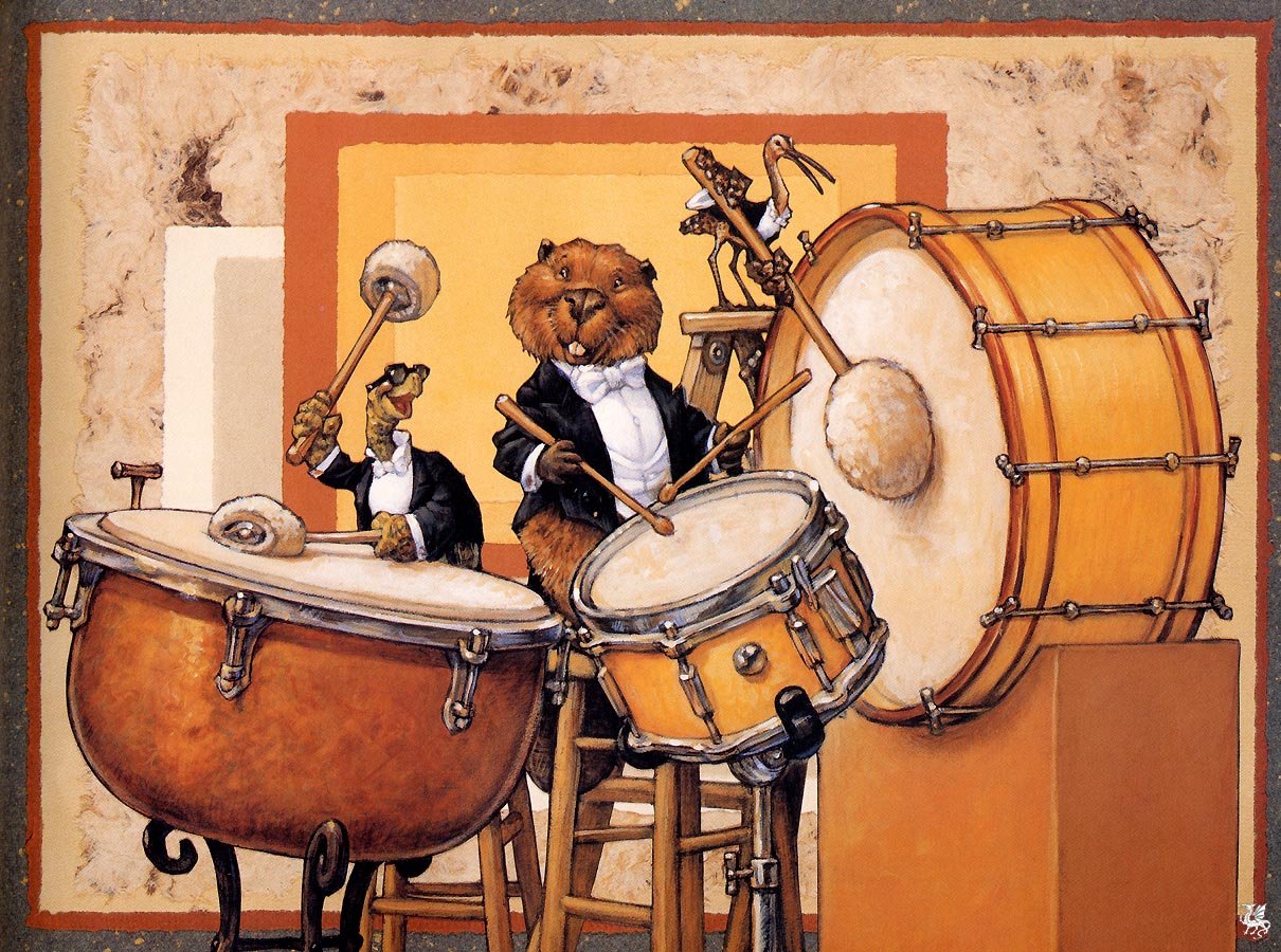 Веселые песни труба. Скотт Густафсон оркестр зверей. Художник Скотт Густафсон иллюстрации. Иллюстрации Скотта Густафсона. Барабан в живописи.
