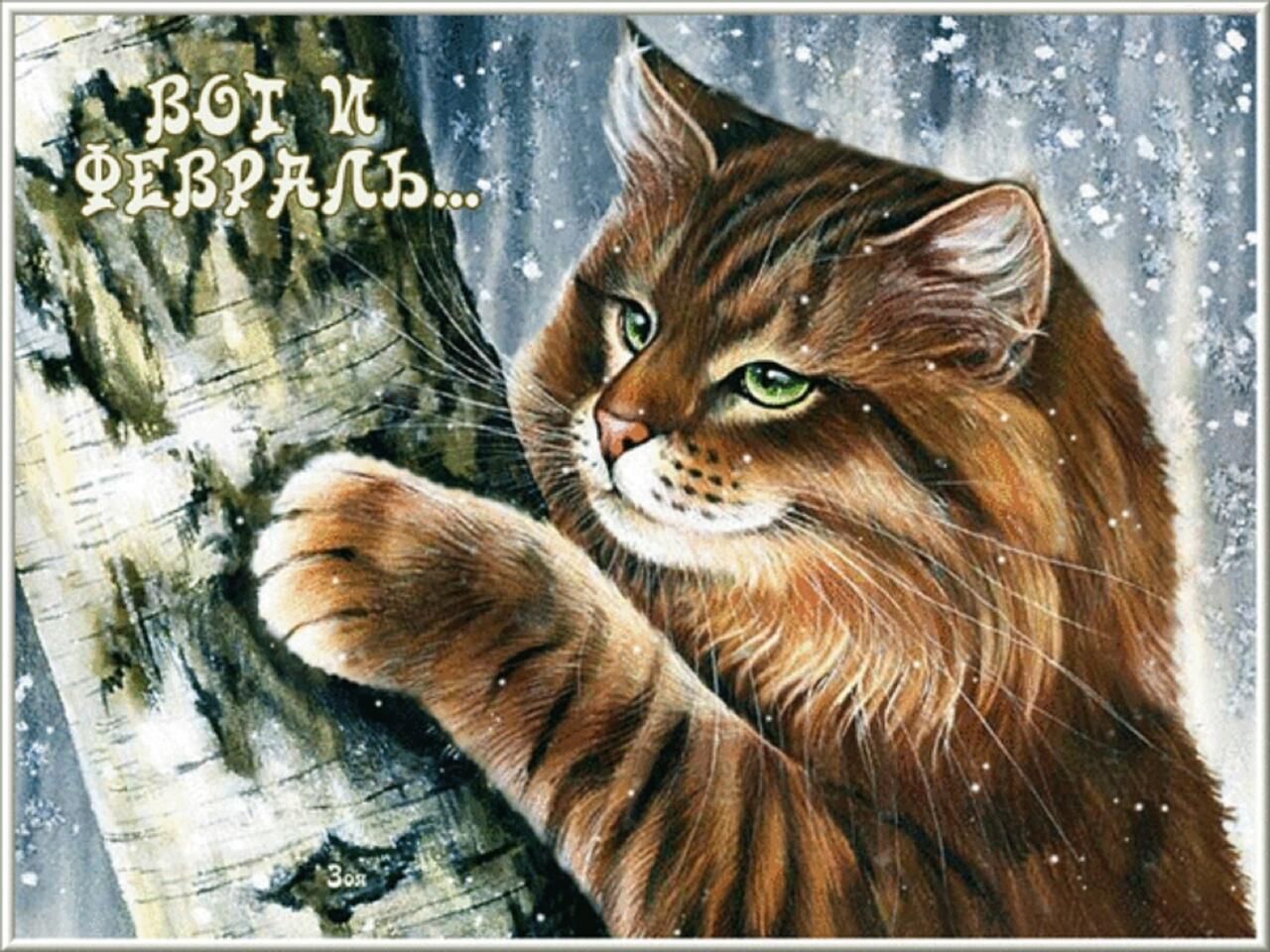 Картинка завтра февраль. Котик зимой арт. Январский кот. Вышивка рыжий кот зимой. Вот и зима с котом.